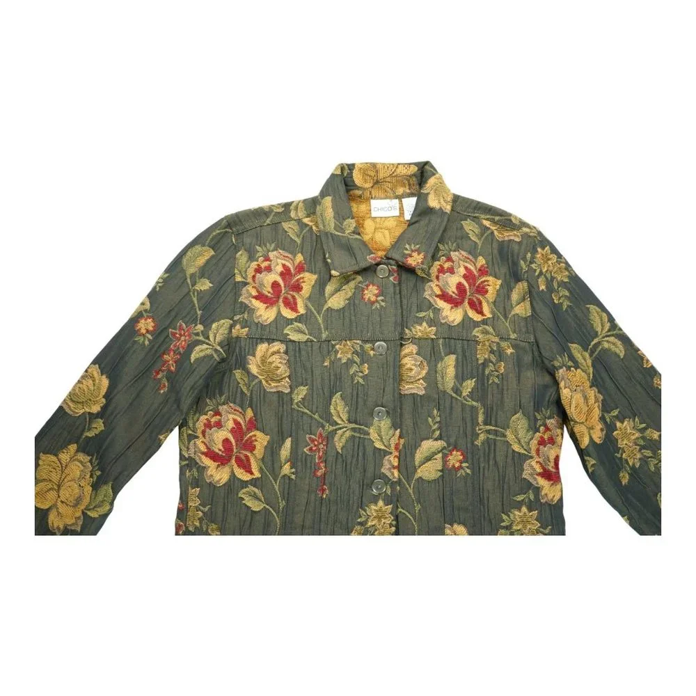 Vintage Chicos 1‎ Women's Jacket Button Floral Green Long Sleeve Embroidered